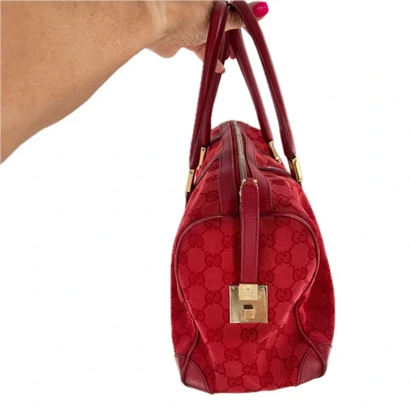 GUCCI GG Canvas Boston Bag, Red Jacquard Fabric, Red Leather Trim, Authentic